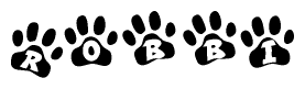 The image shows a series of animal paw prints arranged horizontally. Within each paw print, there's a letter; together they spell Robbi