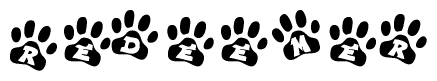 The image shows a series of animal paw prints arranged in a horizontal line. Each paw print contains a letter, and together they spell out the word Redeemer.