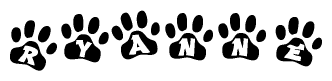 The image shows a row of animal paw prints, each containing a letter. The letters spell out the word Ryanne within the paw prints.