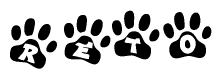 The image shows a series of animal paw prints arranged in a horizontal line. Each paw print contains a letter, and together they spell out the word Reto.