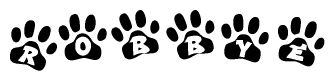The image shows a series of animal paw prints arranged in a horizontal line. Each paw print contains a letter, and together they spell out the word Robbye.