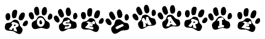 The image shows a series of animal paw prints arranged in a horizontal line. Each paw print contains a letter, and together they spell out the word Rose-marie.