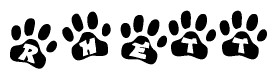The image shows a row of animal paw prints, each containing a letter. The letters spell out the word Rhett within the paw prints.
