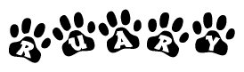 The image shows a row of animal paw prints, each containing a letter. The letters spell out the word Ruary within the paw prints.