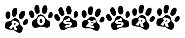 The image shows a row of animal paw prints, each containing a letter. The letters spell out the word Rosesrr within the paw prints.