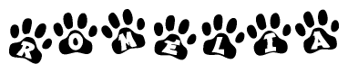 The image shows a series of animal paw prints arranged in a horizontal line. Each paw print contains a letter, and together they spell out the word Romelia.