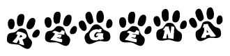 The image shows a series of animal paw prints arranged in a horizontal line. Each paw print contains a letter, and together they spell out the word Regena.