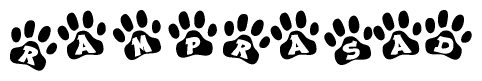 The image shows a series of animal paw prints arranged horizontally. Within each paw print, there's a letter; together they spell Ramprasad