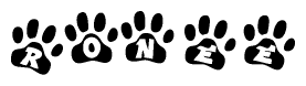 The image shows a row of animal paw prints, each containing a letter. The letters spell out the word Ronee within the paw prints.