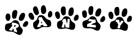 The image shows a series of animal paw prints arranged in a horizontal line. Each paw print contains a letter, and together they spell out the word Ranzy.