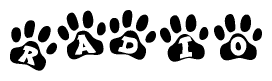 The image shows a row of animal paw prints, each containing a letter. The letters spell out the word Radio within the paw prints.