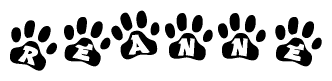 The image shows a row of animal paw prints, each containing a letter. The letters spell out the word Reanne within the paw prints.