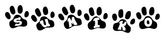 The image shows a row of animal paw prints, each containing a letter. The letters spell out the word Sumiko within the paw prints.