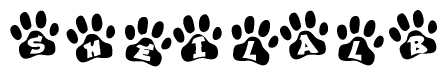 The image shows a series of animal paw prints arranged horizontally. Within each paw print, there's a letter; together they spell Sheilalb