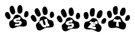 The image shows a series of animal paw prints arranged in a horizontal line. Each paw print contains a letter, and together they spell out the word Suset.