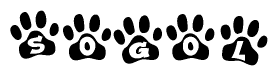 The image shows a series of animal paw prints arranged in a horizontal line. Each paw print contains a letter, and together they spell out the word Sogol.