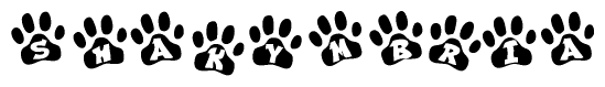 The image shows a series of animal paw prints arranged horizontally. Within each paw print, there's a letter; together they spell Shakymbria