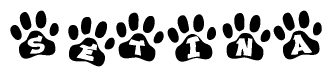 The image shows a series of animal paw prints arranged in a horizontal line. Each paw print contains a letter, and together they spell out the word Setina.