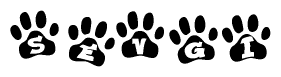 The image shows a row of animal paw prints, each containing a letter. The letters spell out the word Sevgi within the paw prints.