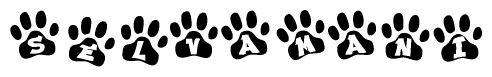 The image shows a series of animal paw prints arranged in a horizontal line. Each paw print contains a letter, and together they spell out the word Selvamani.