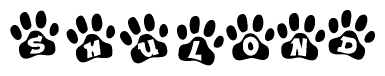 The image shows a row of animal paw prints, each containing a letter. The letters spell out the word Shulond within the paw prints.