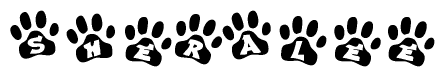 The image shows a series of animal paw prints arranged horizontally. Within each paw print, there's a letter; together they spell Sheralee