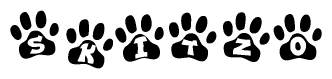 The image shows a row of animal paw prints, each containing a letter. The letters spell out the word Skitzo within the paw prints.