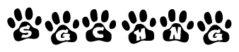 The image shows a series of animal paw prints arranged in a horizontal line. Each paw print contains a letter, and together they spell out the word Sgchng.