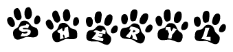 The image shows a row of animal paw prints, each containing a letter. The letters spell out the word Sheryl within the paw prints.