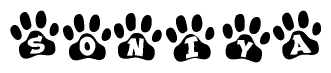 The image shows a row of animal paw prints, each containing a letter. The letters spell out the word Soniya within the paw prints.