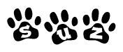 The image shows a row of animal paw prints, each containing a letter. The letters spell out the word Suz within the paw prints.