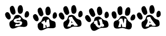 The image shows a row of animal paw prints, each containing a letter. The letters spell out the word Shauna within the paw prints.