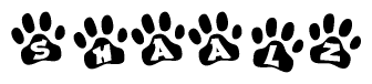 The image shows a row of animal paw prints, each containing a letter. The letters spell out the word Shaalz within the paw prints.