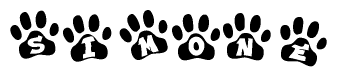The image shows a series of animal paw prints arranged in a horizontal line. Each paw print contains a letter, and together they spell out the word Simone.