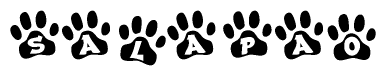 The image shows a series of animal paw prints arranged in a horizontal line. Each paw print contains a letter, and together they spell out the word Salapao.