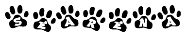 The image shows a row of animal paw prints, each containing a letter. The letters spell out the word Searena within the paw prints.