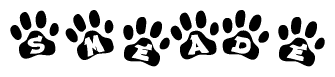 The image shows a row of animal paw prints, each containing a letter. The letters spell out the word Smeade within the paw prints.