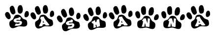 The image shows a row of animal paw prints, each containing a letter. The letters spell out the word Sashanna within the paw prints.