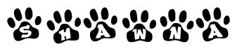 The image shows a row of animal paw prints, each containing a letter. The letters spell out the word Shawna within the paw prints.