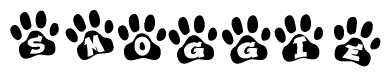The image shows a series of animal paw prints arranged horizontally. Within each paw print, there's a letter; together they spell Smoggie