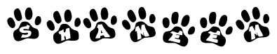 The image shows a series of animal paw prints arranged in a horizontal line. Each paw print contains a letter, and together they spell out the word Shameem.