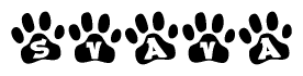 The image shows a series of animal paw prints arranged in a horizontal line. Each paw print contains a letter, and together they spell out the word Svava.