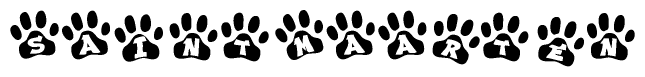 The image shows a series of animal paw prints arranged horizontally. Within each paw print, there's a letter; together they spell Saintmaarten