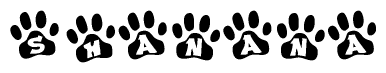 The image shows a row of animal paw prints, each containing a letter. The letters spell out the word Shanana within the paw prints.