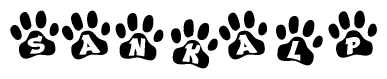 The image shows a series of animal paw prints arranged horizontally. Within each paw print, there's a letter; together they spell Sankalp