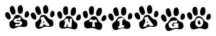 The image shows a row of animal paw prints, each containing a letter. The letters spell out the word Santiago within the paw prints.