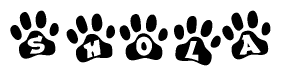 The image shows a series of animal paw prints arranged in a horizontal line. Each paw print contains a letter, and together they spell out the word Shola.