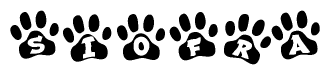The image shows a series of animal paw prints arranged in a horizontal line. Each paw print contains a letter, and together they spell out the word Siofra.