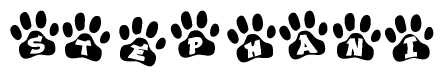 The image shows a series of animal paw prints arranged in a horizontal line. Each paw print contains a letter, and together they spell out the word Stephani.