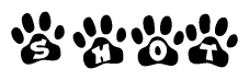 The image shows a series of animal paw prints arranged in a horizontal line. Each paw print contains a letter, and together they spell out the word Shot.